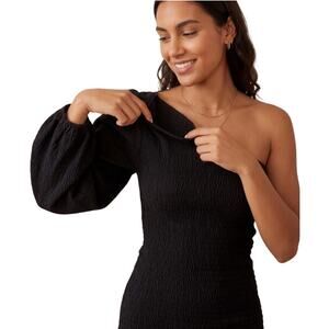 Cleobella Janet One Shoulder Asymmetrical Smocked Puff Sleeve Blouse Black M